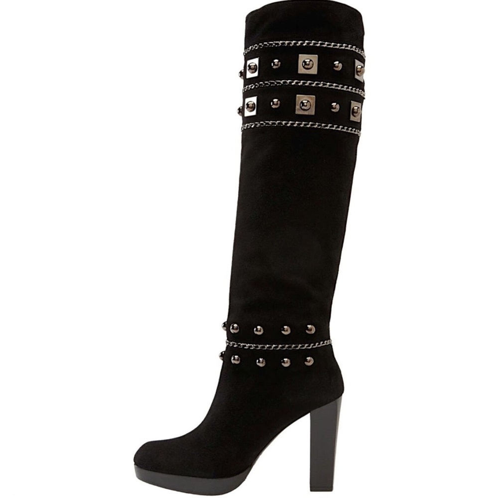 Stuart Weitzman “Stadium” Black Suede Tall Boots • Metal Stud & Chain Size 38